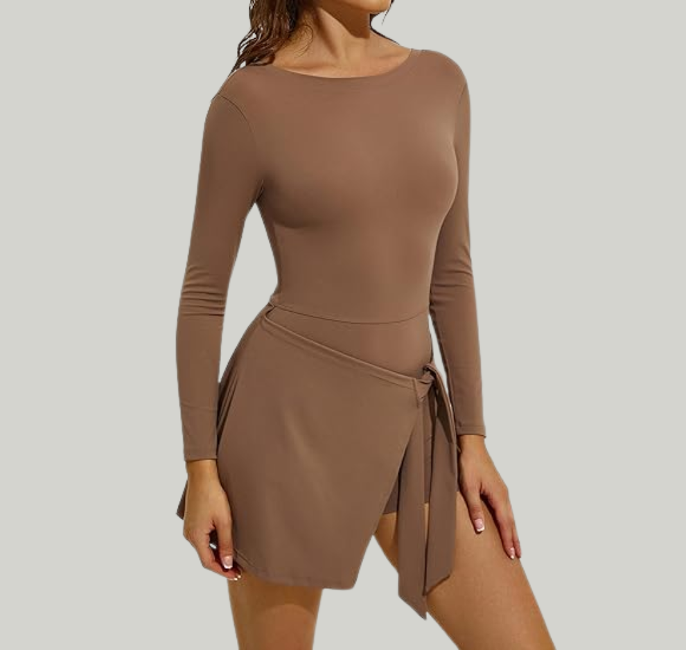 Womens Long Sleeve Tennis Dress – Built In Shorts Athletic Golf Workout Dress