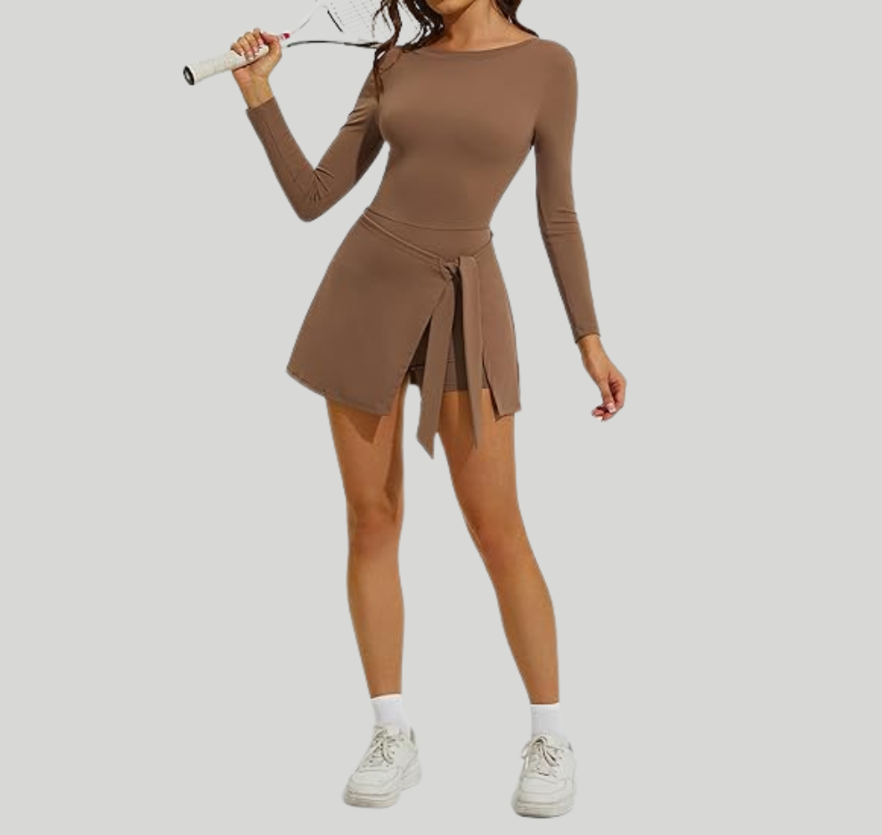 Womens Long Sleeve Tennis Dress – Built In Shorts Athletic Golf Workout Dress