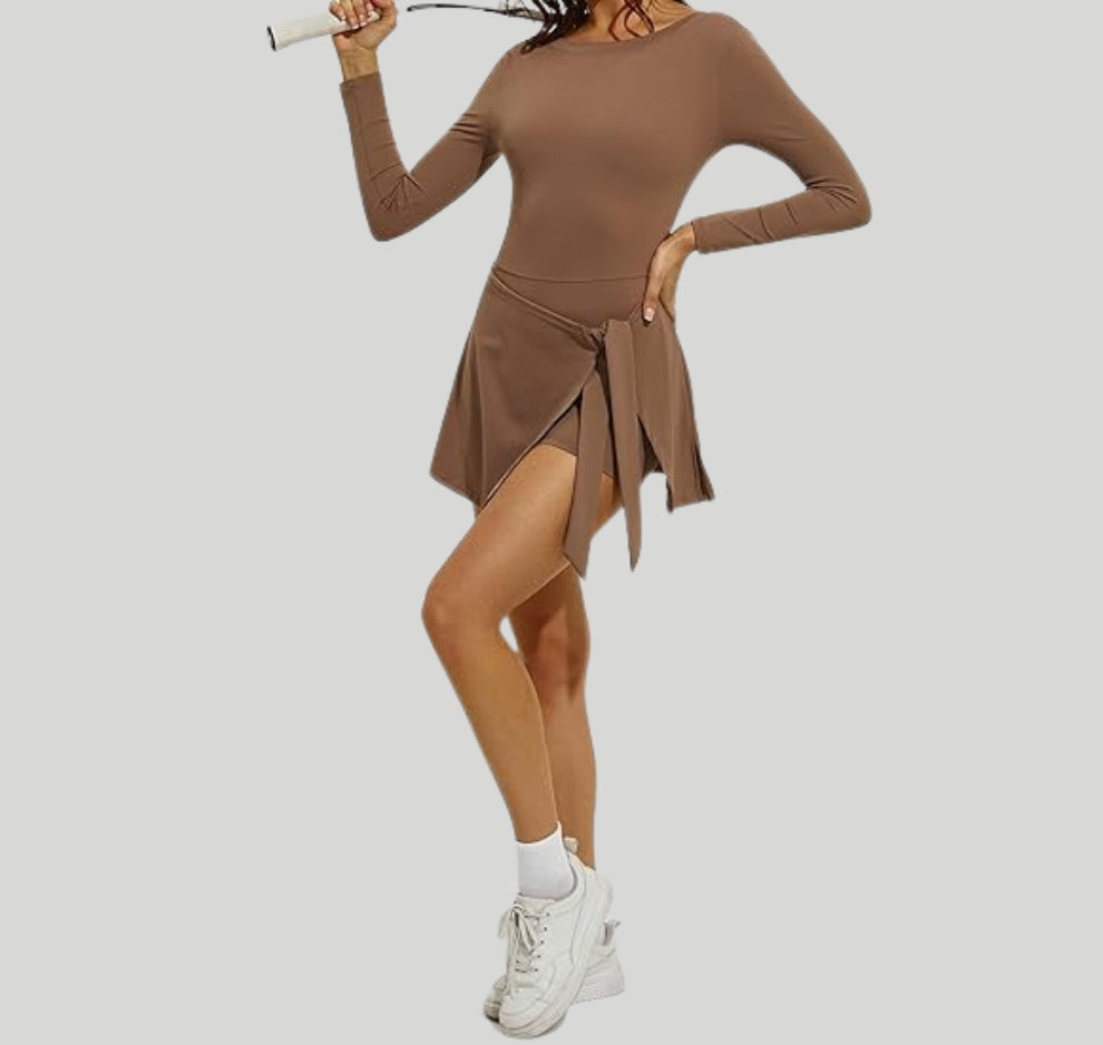 Womens Long Sleeve Tennis Dress – Built In Shorts Athletic Golf Workout Dress