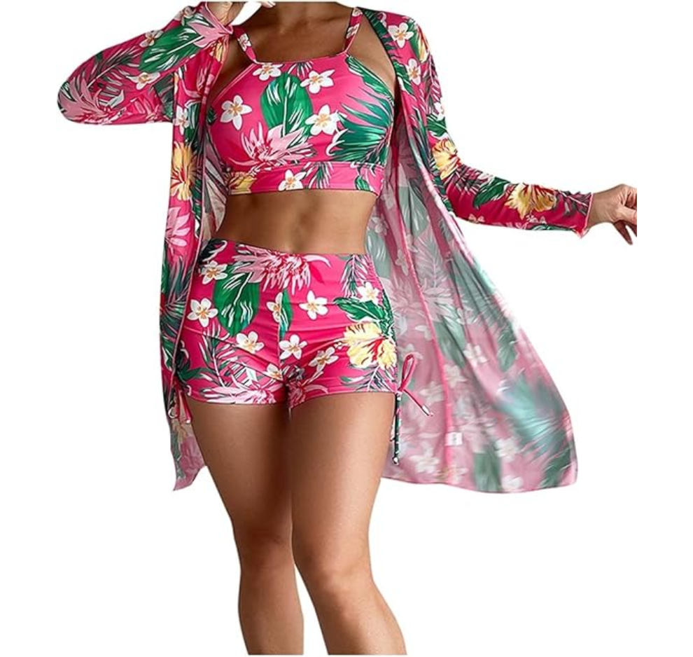 3 Piece Bikini Set Swimsuit with Tropical Beach Cover-Up Kimono & Boy Shorts