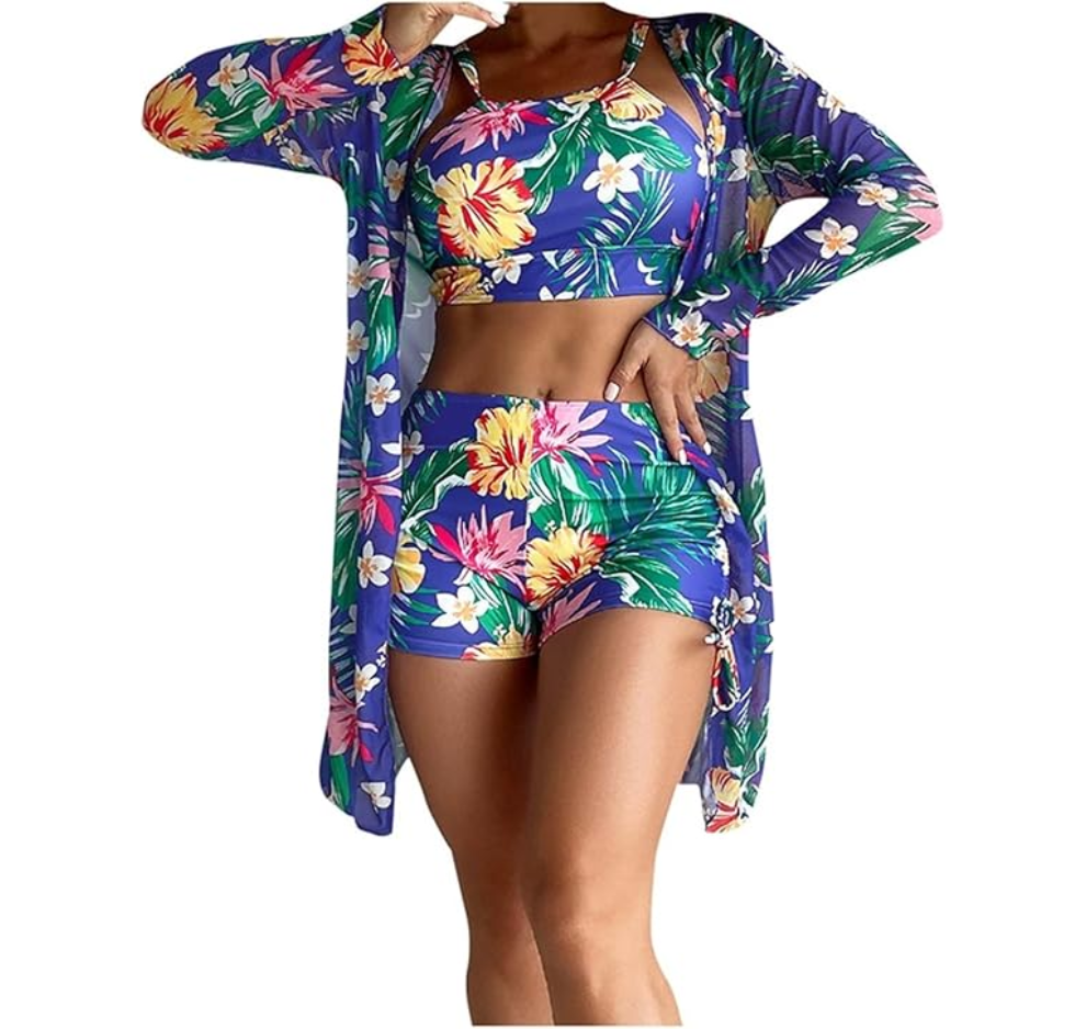 3 Piece Bikini Set Swimsuit with Tropical Beach Cover-Up Kimono & Boy Shorts