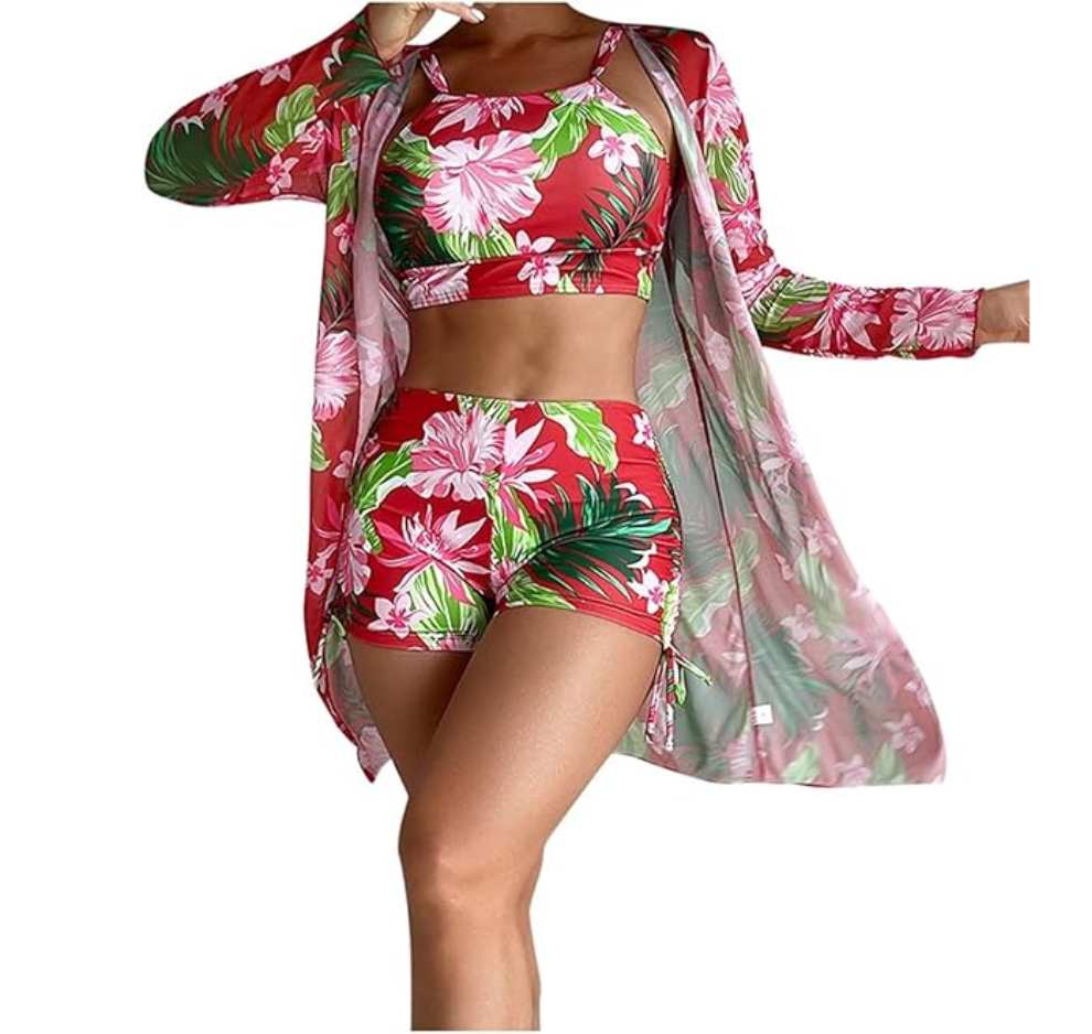 3 Piece Bikini Set Swimsuit with Tropical Beach Cover-Up Kimono & Boy Shorts