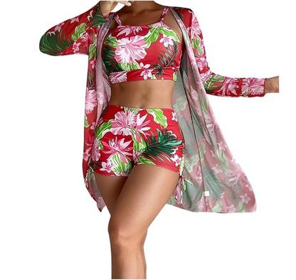 3 Piece Bikini Set Swimsuit with Tropical Beach Cover-Up Kimono & Boy Shorts