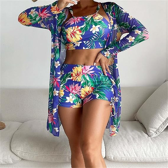 3 Piece Bikini Set Swimsuit with Tropical Beach Cover-Up Kimono & Boy Shorts