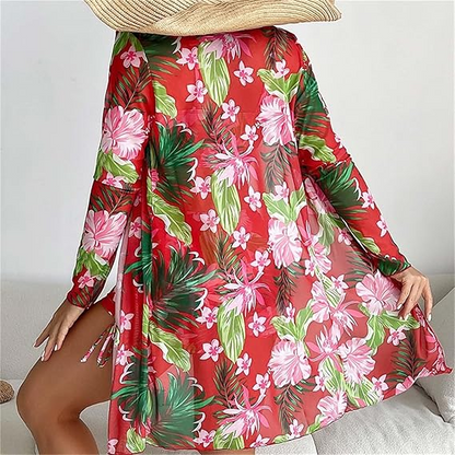 3 Piece Bikini Set Swimsuit with Tropical Beach Cover-Up Kimono & Boy Shorts