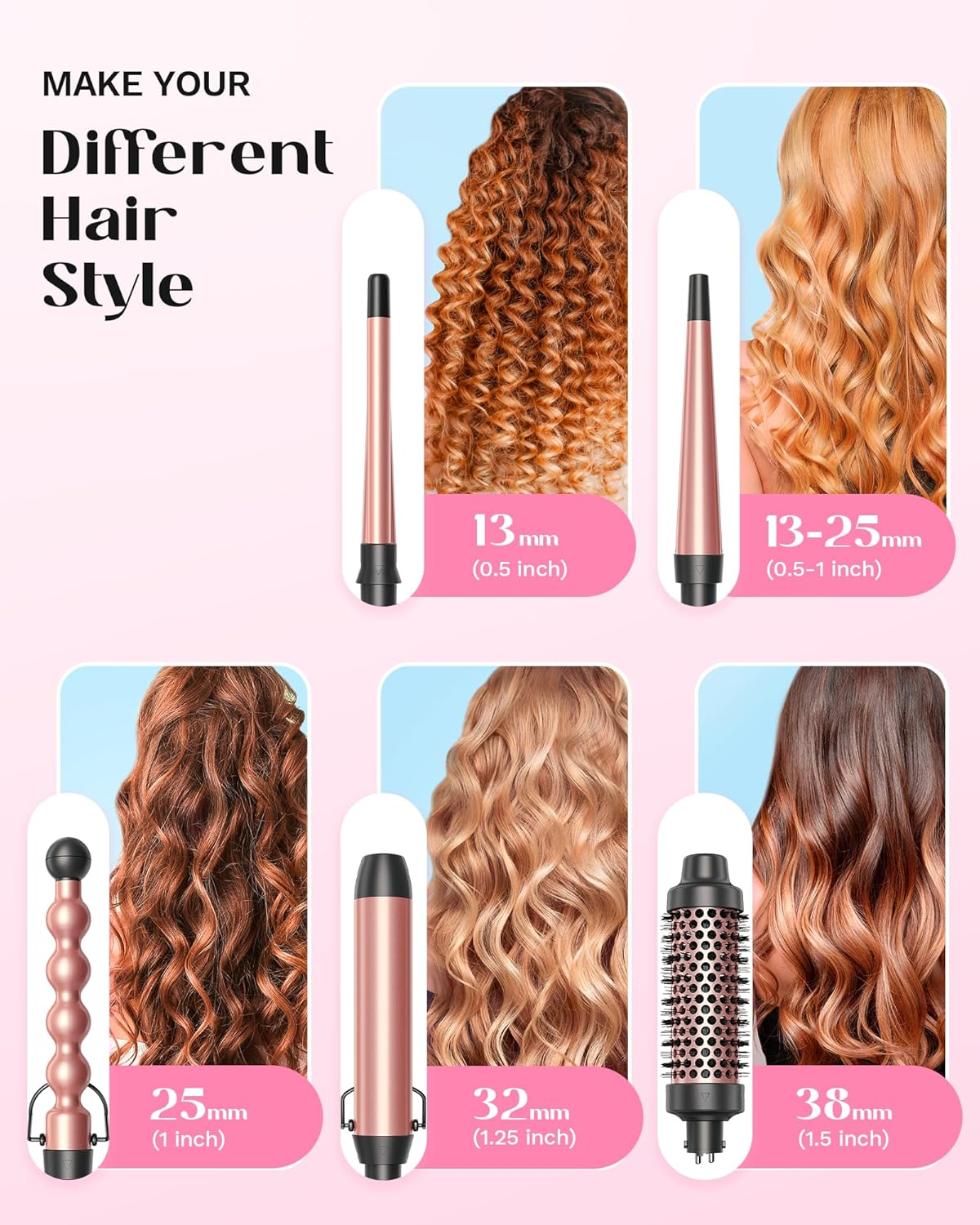 5 in 1 Curling Wand Set with Ceramic Barrels & Curling Brush – Interchangeable Hair Styling Tool for Loose