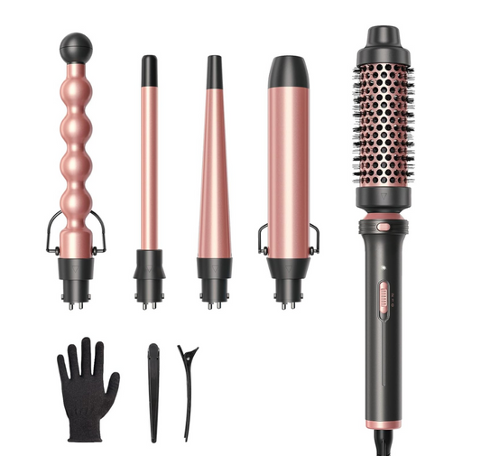 5 in 1 Curling Wand Set with Ceramic Barrels & Curling Brush – Interchangeable Hair Styling Tool for Loose