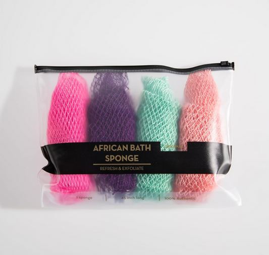 4 Pack Long African Exfoliating Net Sponges – Stretchable Mesh Bath Scrub Set for Deep Cleansing